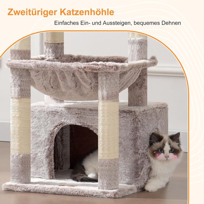 Котячий будиночок Heybly HCT008SW: міцний котячий будиночок з великим м'яким лежаком, місцем для сну та сизалевими стовпчиками для дряпання (коричнево-бежевий)