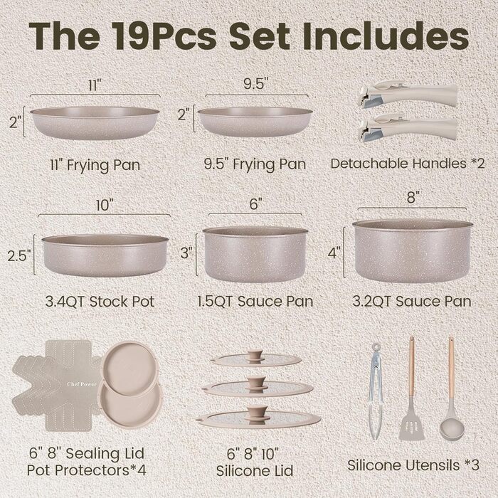 Набір посуду Chef Power Keramik 19 предметів, Мокка-Тауп: антипригарне, для індукції, посудомийна машина, духовка, для кемпінгу