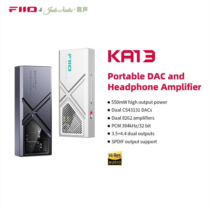 FiiO KA13: Портативний підсилювач зі звуковим DAC з двома виходами 3.5 мм/4.4 мм (чорний)