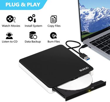 Зовнішній CD/DVD привід BU USB 3.0 & Type-C, DVD+/-RW ROM записувач з картридером SD/TF та USB-портами для ноутбука, PC, MacBook, Windows 11/10, macOS (чорний/білий)