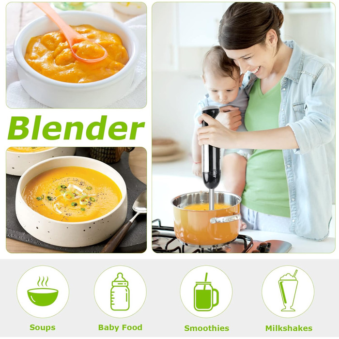 Bonsenkitchen Immersion Blender, 4-in-1 Electric Stick Blender, 1000W Variable Speeds, Stainless Steel, Whisk, 500ml Chopper and 700ml Measuring Cup for Baby Food, HB3203 (Black)