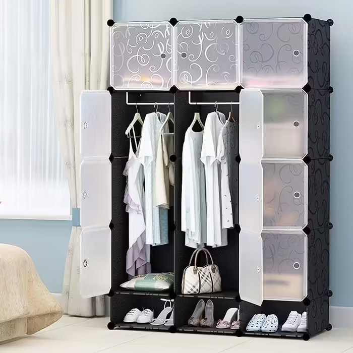 Regal System Shoe Rack Set of 20 Cubes, Plastic Closet with Doors, Plug-in Shelf, DIY Cube Shelf, Storage, Modular Combination Cabinet for Clothes, Shoes, and Books, Black (Black with 16 Cubes)