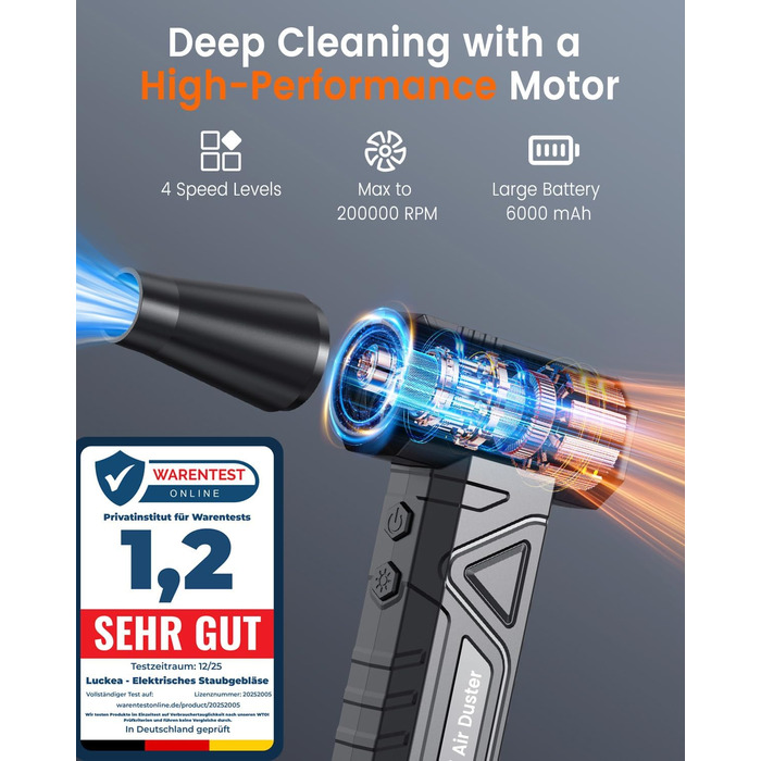 Електричний пилодув для ПК та приміщень - Air Duster 200000 RPM, 4-рівні, акумуляторний, чорний