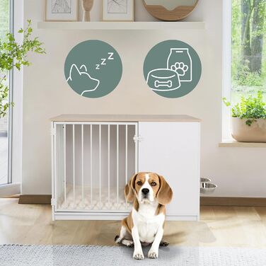 PAWHOME XL Клітка для собак, 102x60x66 см, білий/дуб, з мисками, до 30 кг