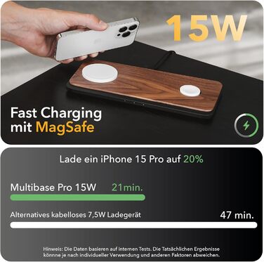 Woodcessories Multibase Pro: Бездротова зарядка 3-в-1 для iPhone, Apple Watch, AirPods з адаптером 45W - Walnut Wood