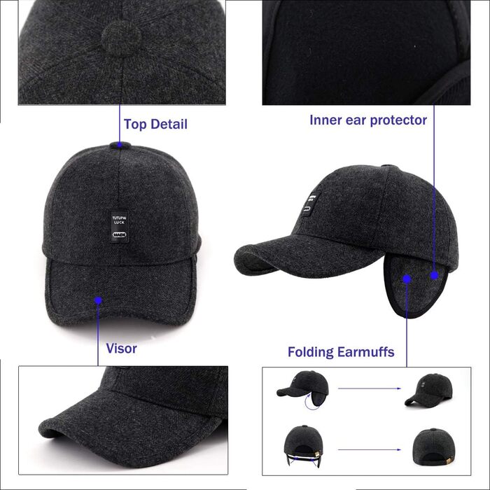 Зимові шапки Gisdanchz 7-7 1/2 з відкидними навушниками, унісекс для роботи та спорту на відкритому повітрі (Чорний)