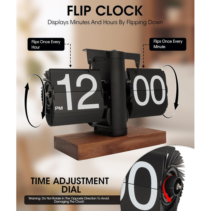 Yusat Retro-Flip Clock, Vintage Table Clock, digital, automatic flipping, battery-powered, mechanical desk clock, black, ideal for home, office, room decoration (Battery