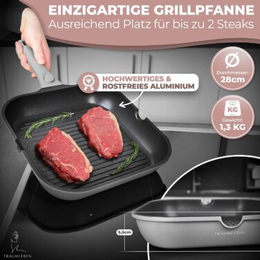 Гриль-сковорода NEU 28 см з виливом та знімною ручкою, антипригарна, без PFOA, для індукції, жаростійка, сіра