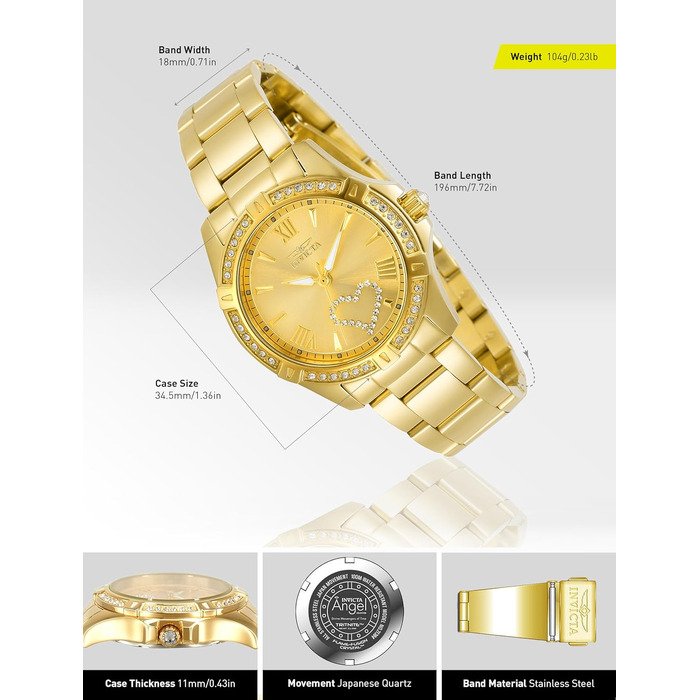 Жіночий кварцовий годинник Invicta Angel золотого кольору, сталь, 34мм