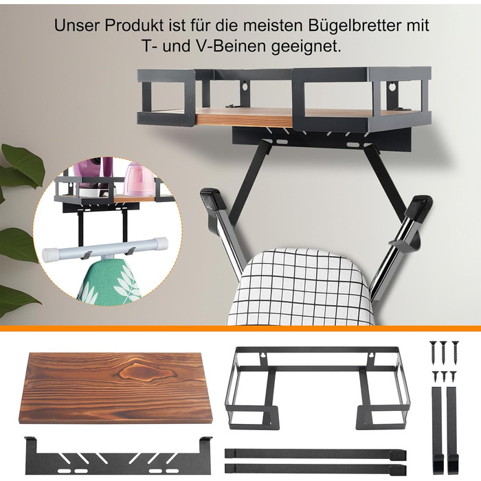 Настінний тримач для прасувальної дошки з металевим кошиком та знімними гачками, для T- та V-подібних дошок, над дверима