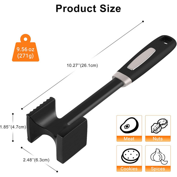 HOOMIL Fleischklopfer: подвійний молоток для відбивання м'яса з антипригарним покриттям, для шніцелів, стейків, сріблястий (квадратний, матовий чорний)