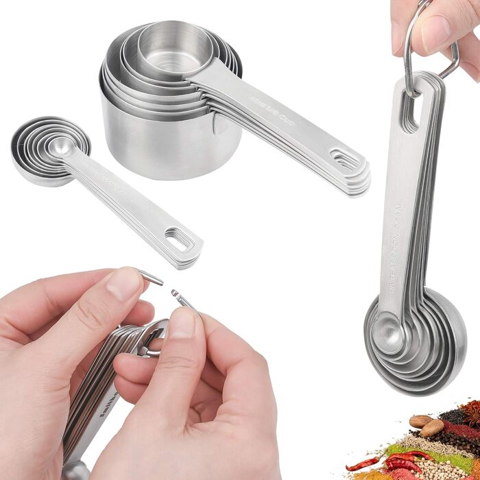 Stainless Steel Measuring Cups and Spoons Set, 8 Piece Measuring Cups, 9 Piece Spoons, 1 Leveler, 1 Conversion Chart for Stainless Steel Measuring Cups, 18/8 (304)
