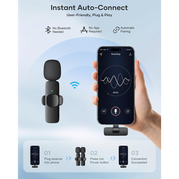 Бездротові петличні мікрофони 2 шт. для iPhone/iPad/Android, з шумозаглушенням, Plug-and-Play, для відео, подкастів, YouTube, TikTok, Vlog, чорний