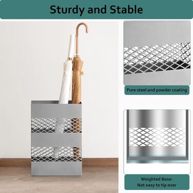 LAND VOI Metal Umbrella Stand - Rectangular, Portable, with Removable Drip Tray - Silver