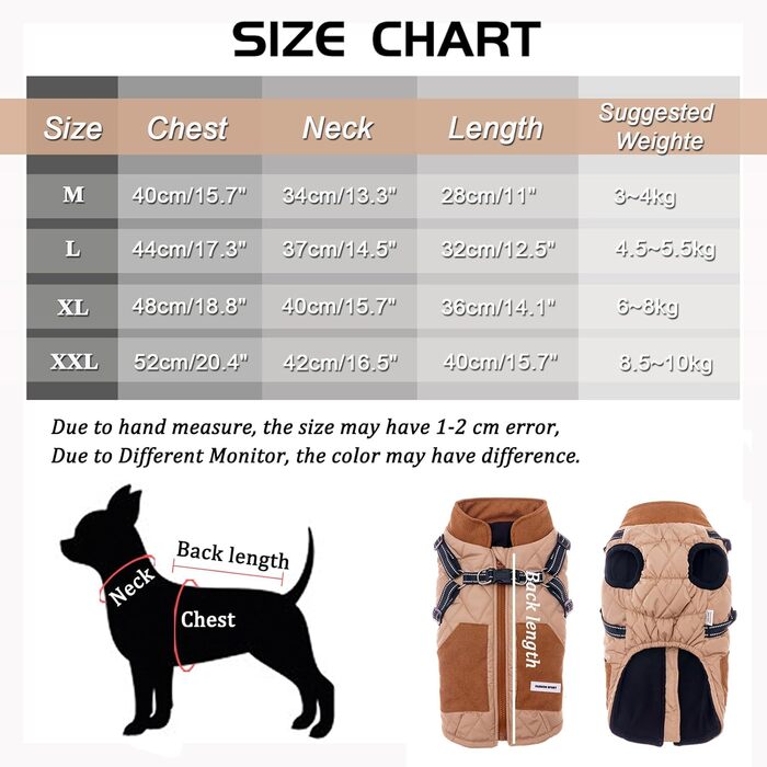 Dog coats with harness, winter warm jacket windproof pet clothing with pocket design snowsuit dog coats for small to medium dogs (M, Khaki)
