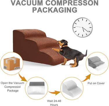 Dog stairs for small dogs, 3 steps pet stairs, cat stairs, sponge dog ramp for sofa bed, dog steps with removable cover, washable pet ladder, includes lint roller (Brown)