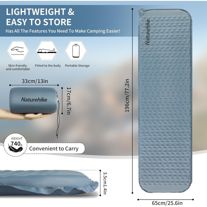 Naturehike Yugu: Надувний килимок для кемпінгу та трекінгу, 3.5 см, блакитний