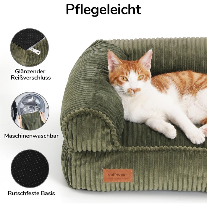 FUKUMARU Dog Bed for Large Dogs, Fluffy & Dog Sofa with Waterproof TPU Layer, Cord Fabric, Washable and Non-Slip, Removable Zipper Cover, 93 x 63 x 22 cm, Green