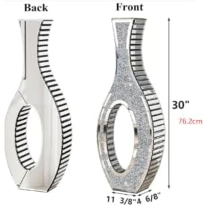 Ваза для квітів напольна 68 см, срібна ваза з кристалом для пампас трави, скляна ваза з дзеркальними діамантами, декоративна розкішна блискуча ваза для вітальні, декор інтер'єру – не для води (13L x 12.5B x 76.5H cm)