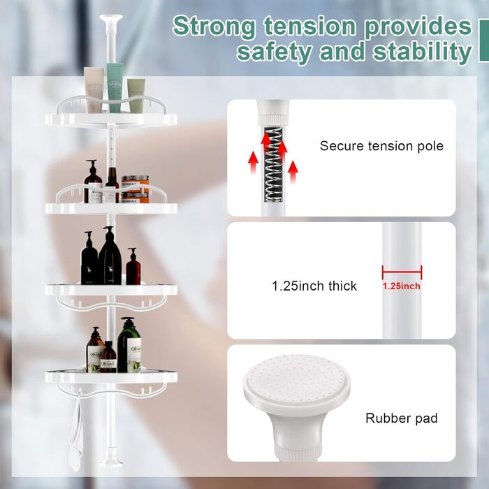 Shower Shelf No Drilling, 137-289cm 4-Tier Adjustable Telescopic Corner Shower Shelf, Shampoo Holder for Shower and Bathtub, Bathroom Kitchen Corner Shelf/White