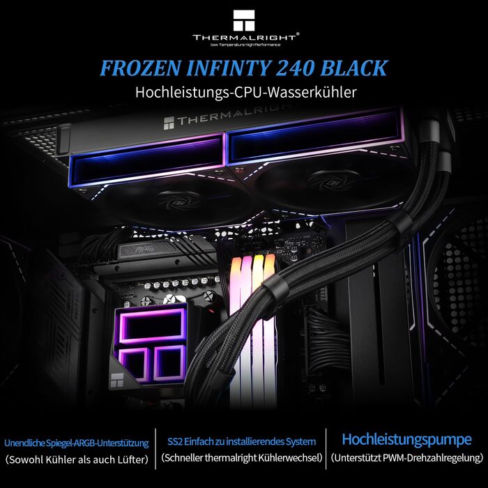 Система водяного охолодження CPU Thermalright Frozen Infinity 240 BLACK з трьома вентиляторами PWM (2000 об/хв) для AM4/AM5, Intel LGA115X/2011/1700/1851