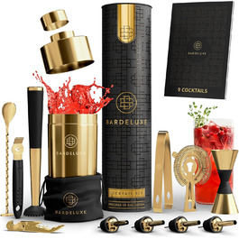 BarDeluxe® Cocktail Set, 12-Piece | Bartender Set, Cocktail Mixer Set | 750ml Stainless Steel Cocktail Shaker, Cocktail Shaker Set, Bartender Set | Luxury Cocktail Gift Set (Deep Gold)