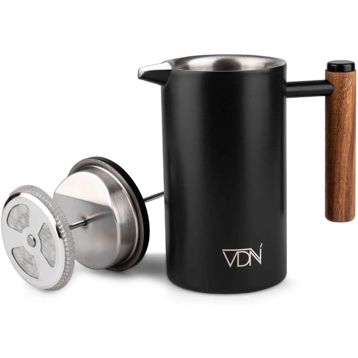 Френч-прес VDN з нержавіючої сталі - 700 мл, 5-6 чашок. Термофренч-прес з подвійними стінками, 3-х рівнева фільтрація, чорний колір