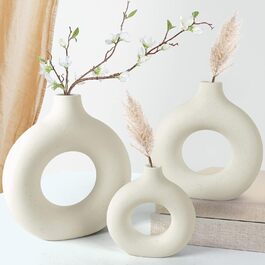 Large Ceramic Doughnut Vase for Pampas Grass - Modern Boho Round Vase for Home & Office Decor