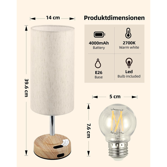 Нічна лампа EZVALO з сенсорним димером, LED акумуляторна настільна лампа 4000mAh, USB-C, тепле світло 2700K для спальні та вітальні (дерев'яний колір)