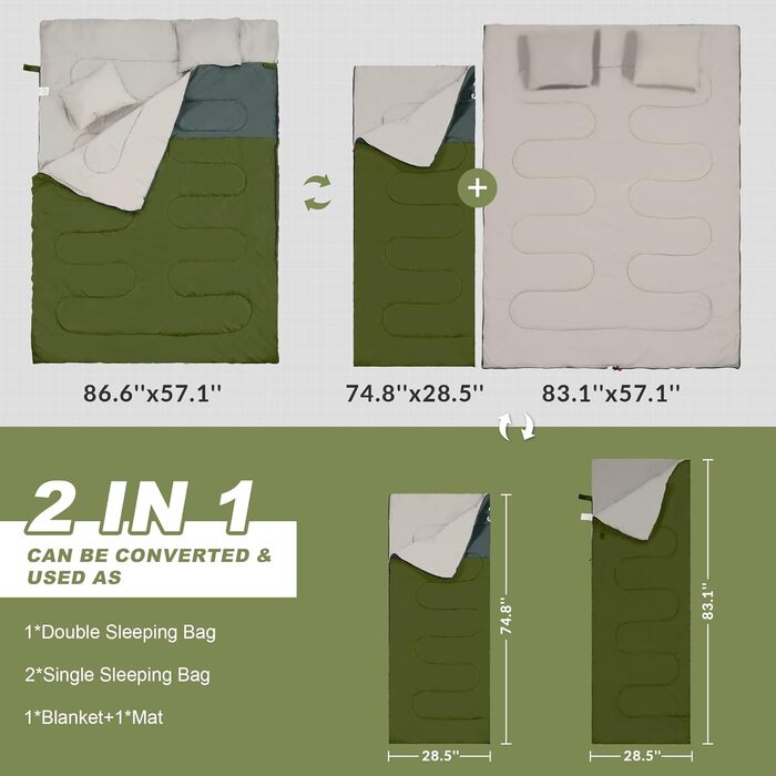 Спальний мішок Elevon для дорослих, підлітків та дітей, 3-4 сезони, водонепроникний, легкий, компактний, для кемпінгу, рюкзака, зеленого кольору (2 особи, 1 шт.)