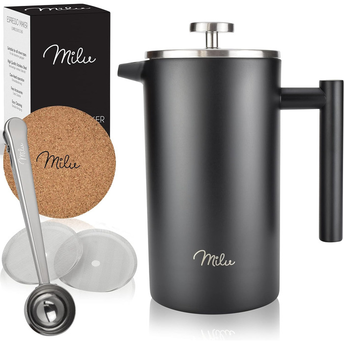 Milu French Press Coffee Maker | 350ml, 600ml, 1L | Stainless Steel Coffee Press, Coffee Maker for Home, Travel, Camping including Coaster, Spoon, Replacement Filters (Black, 1000ml (5 Cups) Black 1000ml (5 Cups)