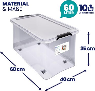 Deuba® Storage Boxes 6 x 60L with Lid and Wheels, Stackable, Transparent BPA-Free Plastic, Click Closure, RB60 for Office, Garage, Laundry Room