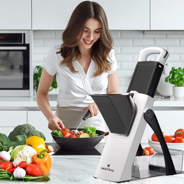 Мандоліна слайсер ONCE FOR ALL Upgrade: великий, регульований, для овочів та фруктів, знімач картоплі фрі, знімні леза (чорно-білий + ніж для очищення)