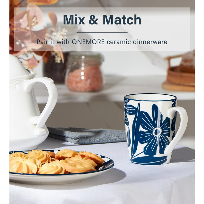 ONEMORE Coffee Mug Set of 4, 355 ml, Porcelain Coffee Cup with Handles, Blue Ceramic Mug for Latte, Cappuccino, Tea, Hot Chocolate, Microwave Safe, Dishwasher Safe, Scratch-Resistant
