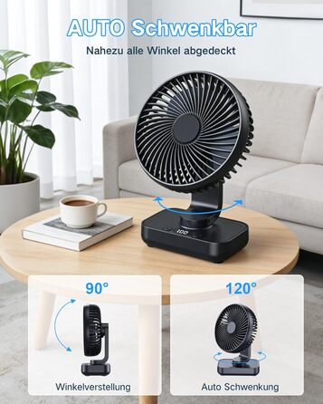 Портативний вентилятор настільний з акумулятором, тихий (30 дБ), 4 швидкості, LED дисплей, USB-C, знімний, для дому та офісу