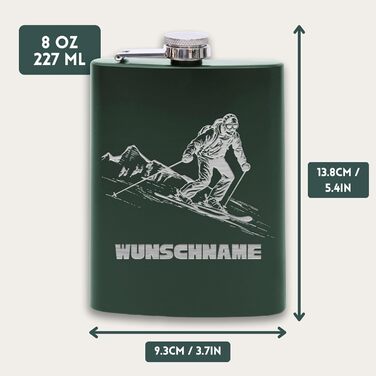 Фляга з нержавіючої сталі з гравіюванням Flanacom, 227 мл, з воронкою. Ідеальний подарунок для любителів катання на лижах. Персоналізована з індивідуальним гравіюванням (дизайн 4, зелений)
