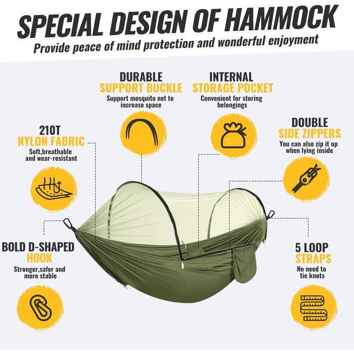 Легка туристична гамак з москітною сіткою, 300 кг | Гамак для кемпінгу, подорожей, рюкзаків, туризму, саду (270x140 см)