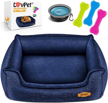 Lovpet® Dog Bed Dog Cushion Dog Basket Chiller, Incl. Bowl + 3X Chew Bones, Dog Sofa Cushion for Small, Medium & Large Dogs, Removable and Washable Cover, L 90 x 75 x 25 cm (M (70 x 55 x 21 cm), Navy Blue)