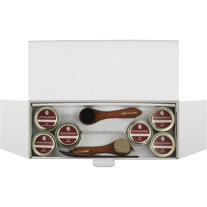 Langer & Messmer Shoe Care Set including high-quality leather care creams and horsehair brushes for effective care of your smooth leather shoes - The shoe care set for professional shoe care.