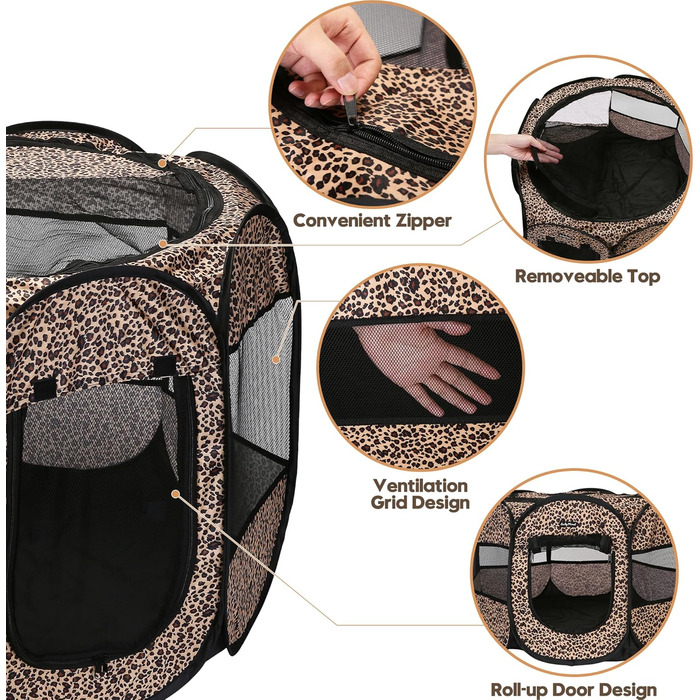 Транспортувальна переноска для тварин, портативна, м'яка, розкладна, для собак, котів та кошенят, сітка, дихаючий матеріал, для дому та вулиці, темно-коричнева (великий розмір, леопард)