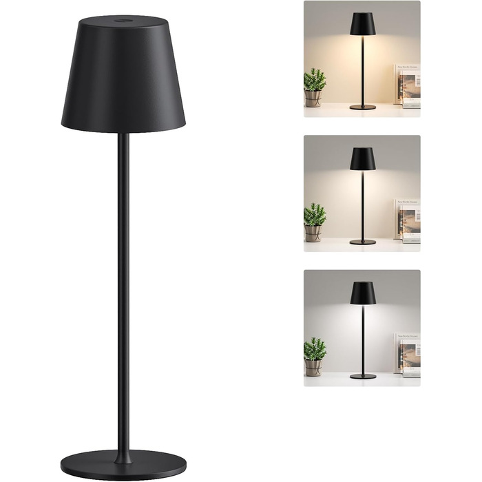 Акумуляторна настільна лампа LED бездротова з USB-C зарядкою, димується, 3 режими світла, чорна - для дому, кемпінгу