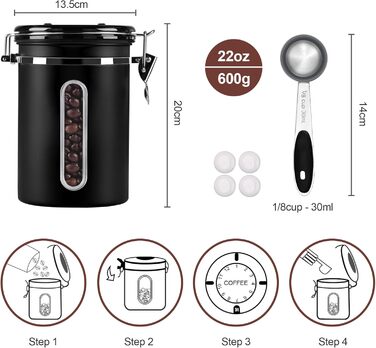 Кейс для кави ROCKY&CHAO 1.8L з нержавіючої сталі, герметичний, з вікном, для кавових зерен, чаю, горіхів, какао