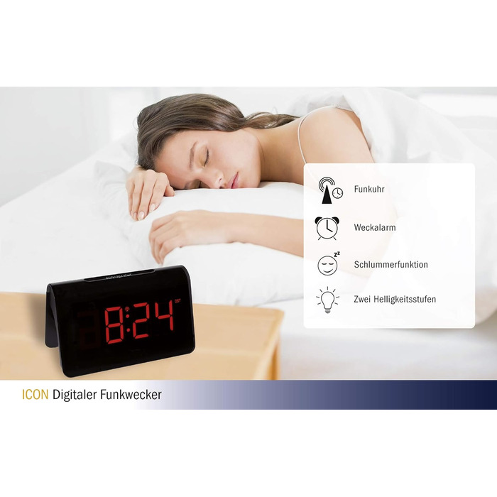 TFA Dostmann ICON Digital Radio Alarm Clock, 60.2543.05, Alarm with individual snooze duration, 2 brightness levels, very bright red LED digits, radio clock, black