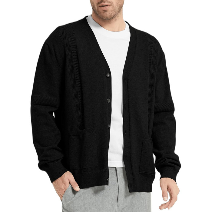 Чоловічий кардиган з в'язаного полотна, чорний, XL. Зручний чоловічий пуловер з V-подібним вирізом, довгі рукави, з кнопками та кишенями. Ідеальний для зими.