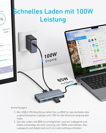 USB-C хаб Anker: док-станція з двома HDMI, 100W, 10Gbit/s, 8 портів для MacBook, Dell, iPad Pro