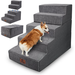 Sytopia dog stairs 40 cm high, 3 steps, dog stairs for bed, sofa for small dogs, pet stairs washable, foam stairs, for injured, older dogs (34cm height, Grey) (5 steps dog stairs (H:57CM), Flannel)