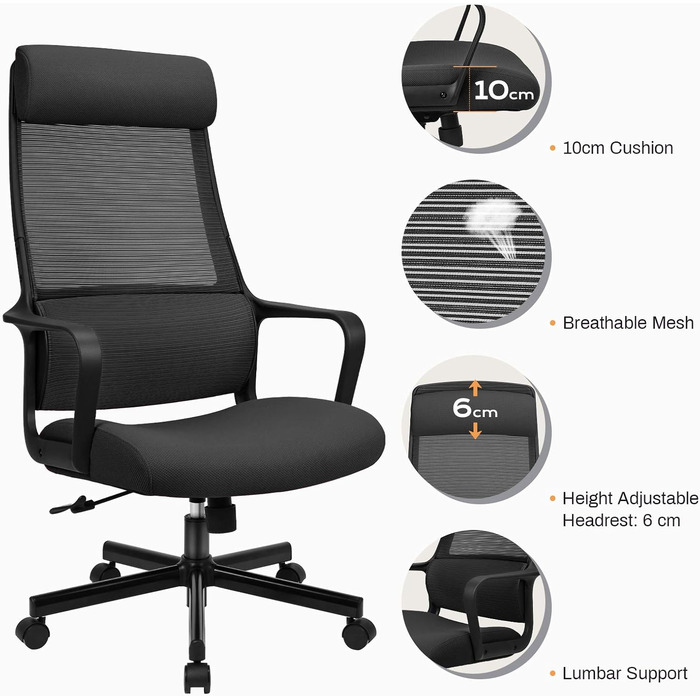Ергономічне крісло для офісу з регульованою підголівником, крісло для робочого столу з широким сидінням, підтримкою попереку, офісне крісло 200 кг, сітчасте крісло, крісло для дому та офісу, комп'ютерне крісло EN 1335 (Чорний)