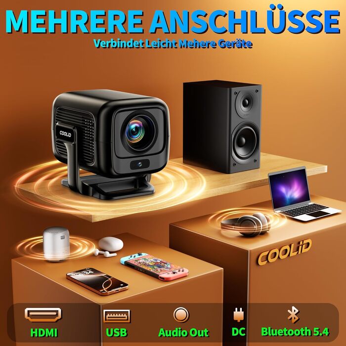 Портативний проєктор Mini Beamer 4K з WiFi 6, Bluetooth 5.4, автоматичною корекцією трапецеїдальних спотворень, обертання 270°, підтримка USB/Laptop, з пультом ДУ та мишкою, білий (Black-1)