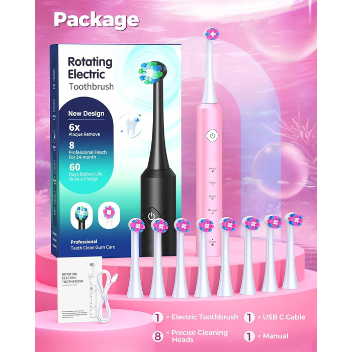 Електрична зубна щітка Rotierende для дорослих з 8 насадками, 4 режимами чищення, 60 днями роботи від акумулятора та розумним таймером 2 хв - професійна (Рожева)