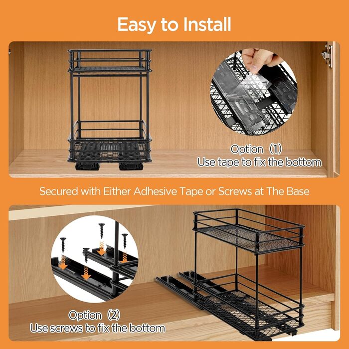 VINATO Висувна полиця для спецій на 2 яруси – органайзер для кухні з роликовими направляючими, підставка для спецій у шафку, полиця для спецій без свердління (26x15x21,8 см)